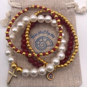 Bracelets Set x 4 -Evil Eye & Cross-                   Red-Golden & Faux Pearls